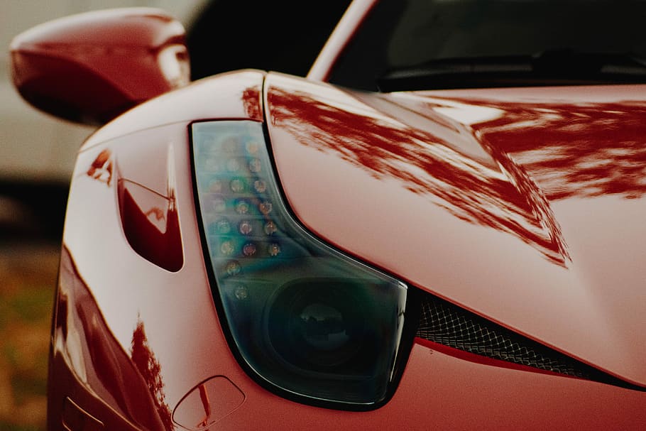 macro photography of red sports car, red Ferrari 458, vehicle HD wallpaper