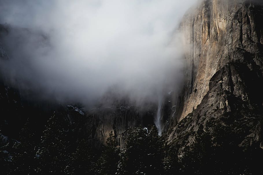 fog, landscape, mist, mountain, outdoors, rocky, waterfall HD wallpaper