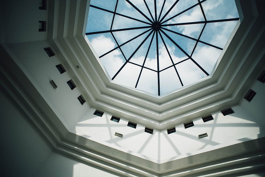 top view of building with glass panel, low-angle photography of glass dome ceiling HD wallpaper