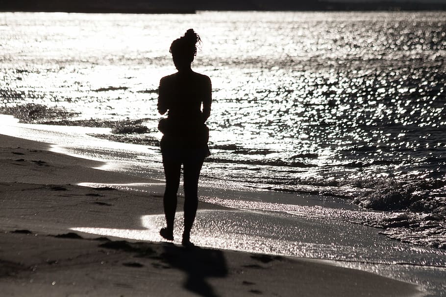silhouette of woman walking on seashore, person, human, female