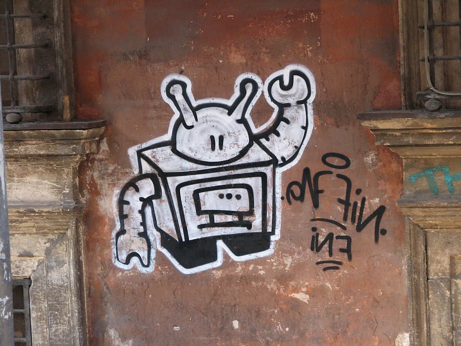 robot, graffiti, art, road, urban, art and craft, creativity HD wallpaper
