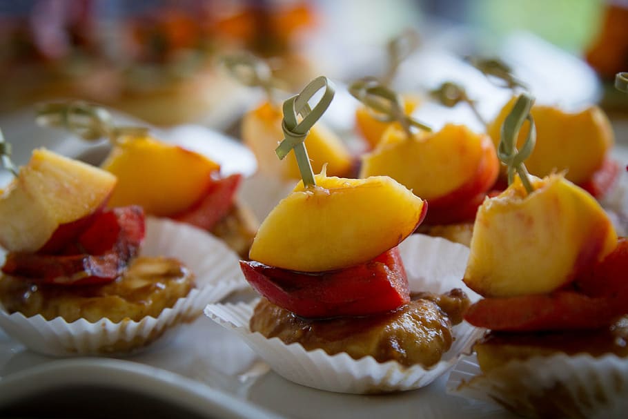 photo of apple dish, buffet, peach, chicken, peanut, chunks HD wallpaper