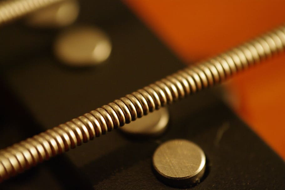 gray spring, bass string, guitar, close-up, music, connection HD wallpaper