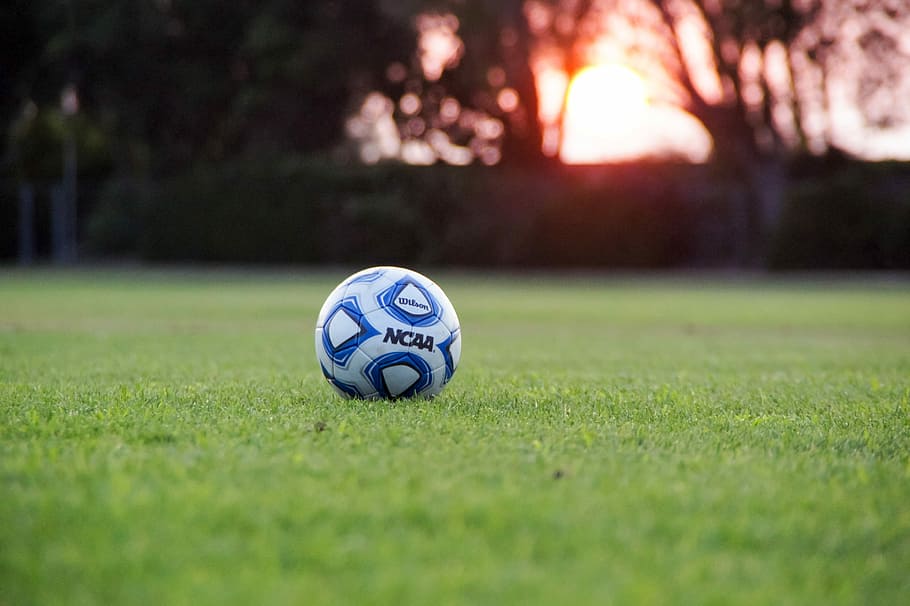 white and blue NCAA soccer ball on green grass field, NCAA soccer ball on grass field