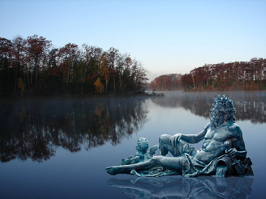 aquarius, lake, poseidon, composing, mirroring, fog, morning HD wallpaper