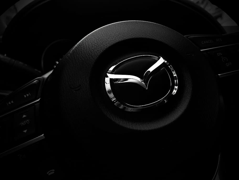 grayscale photography of Mazda vehicle steering wheel, car HD wallpaper
