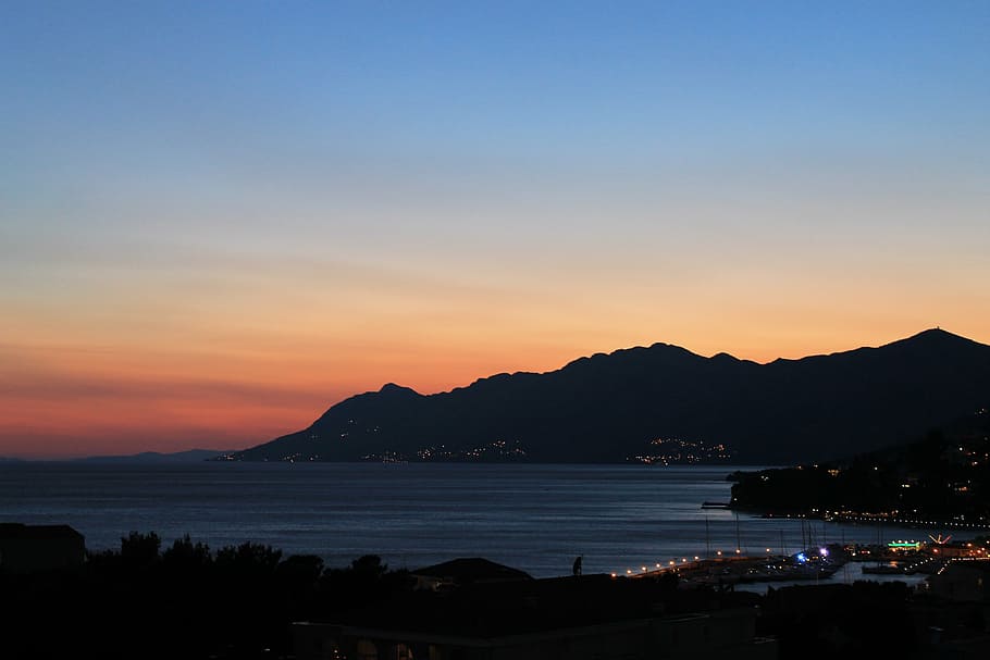 sunset, holidays, sea, sky, water, beauty in nature, mountain HD wallpaper