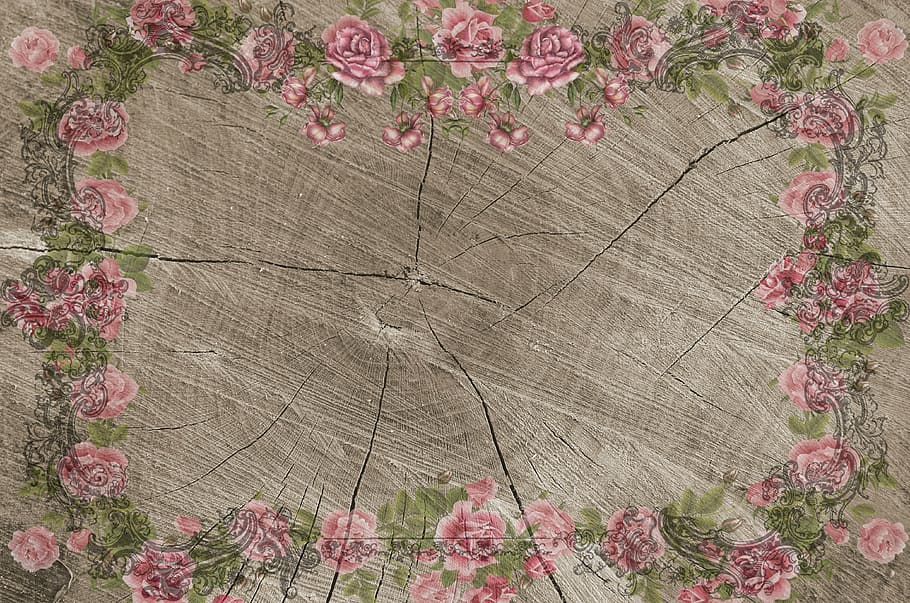 pink and green roses painted wood slab, on wood, vintage, shabby chic, HD wallpaper