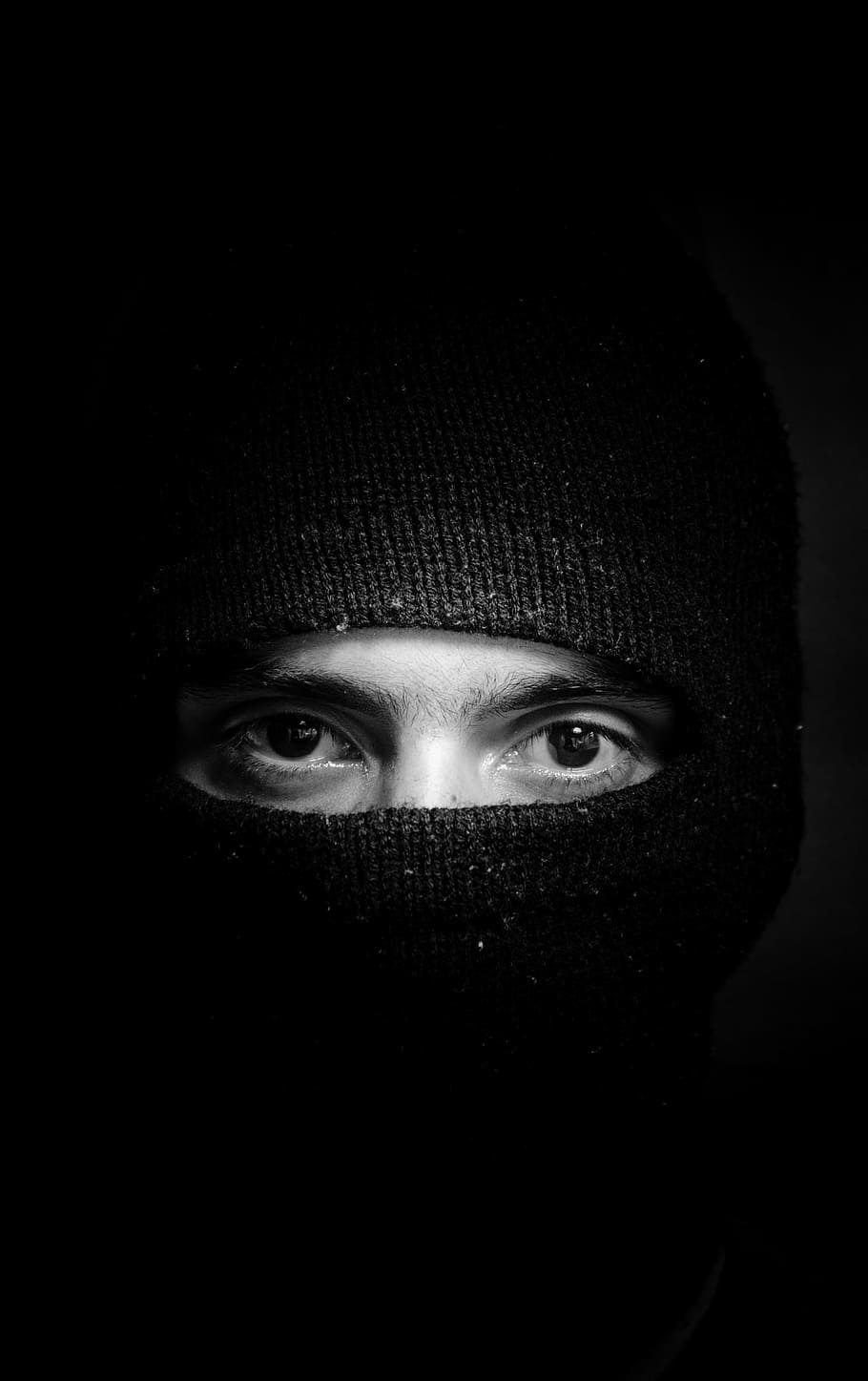 grayscale photography of man in balaclava, portrait, eyes, homr
