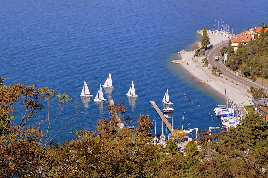 vela, landscape, lake, garda, italy, boat, water, high angle view HD wallpaper