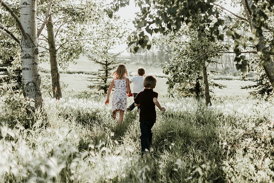 Maintaining Childhood, three children running on grass field at daytime, HD wallpaper