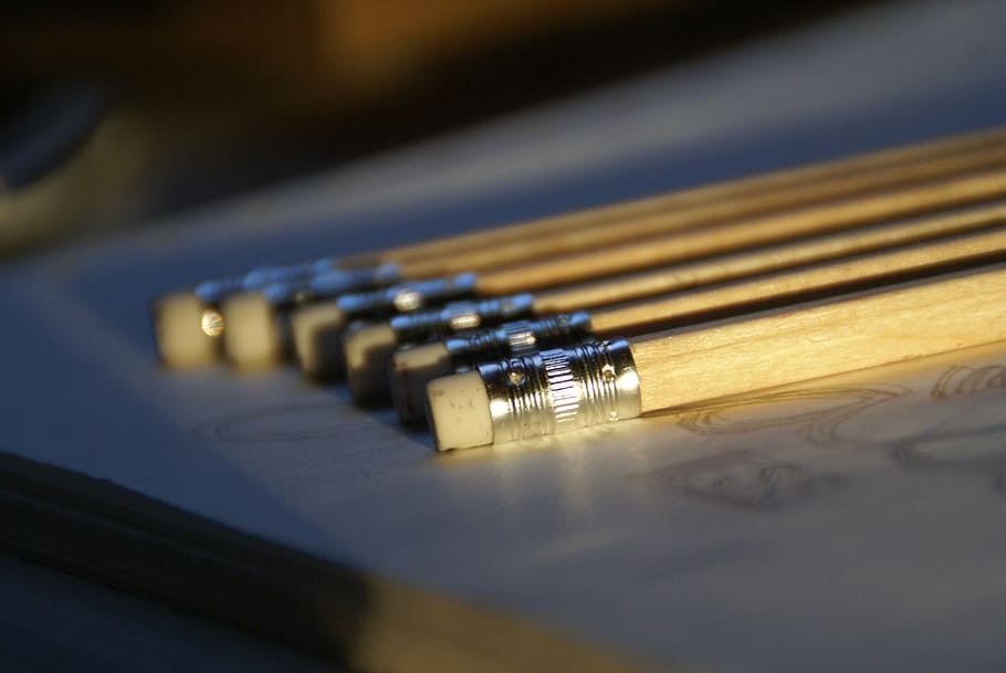 seven brown pencils, paper, art, simplicity, gum, selective focus HD wallpaper