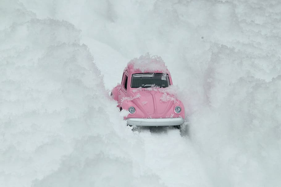 pink Volkswagen Beetle scale model on snow, bug, vw, car, snowy road
