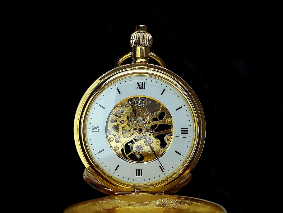 round white and gold-colored pocket watch reading at 11:24, time, HD wallpaper