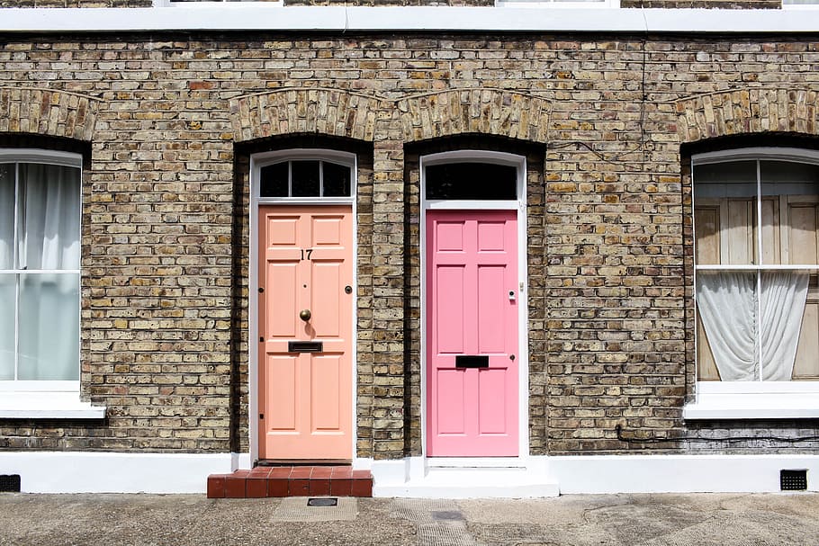 two doors together during daytime, pink and brown wooden doors HD wallpaper