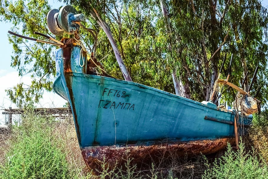 boat, grounded, aged, weathered, rusty, potamos liopetri, cyprus HD wallpaper