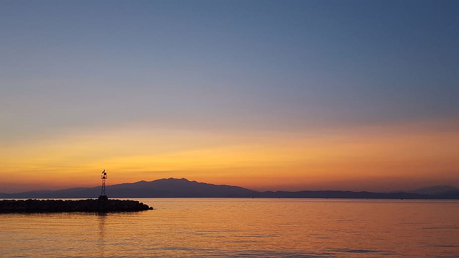 calm body of water, sunset, waters, dawn, sea, sky, dusk, lake HD wallpaper