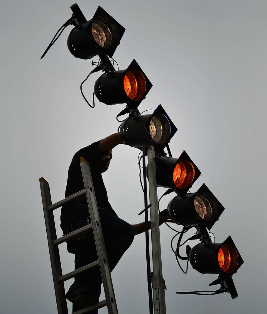 worker, lights, electrician, installer, sky, nature, low angle view HD wallpaper