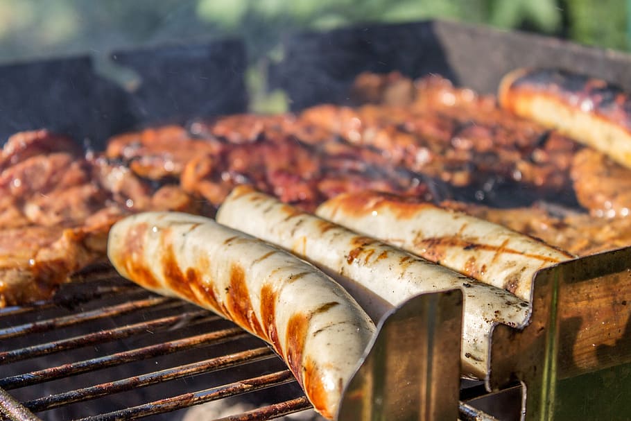 sausage on grill, barbecue, meat, grilling, grilled meats, garden HD wallpaper