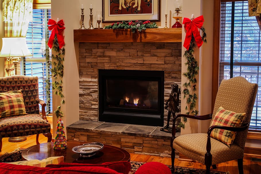 fireplace with Christmas season decor, mantel, living room, cozy