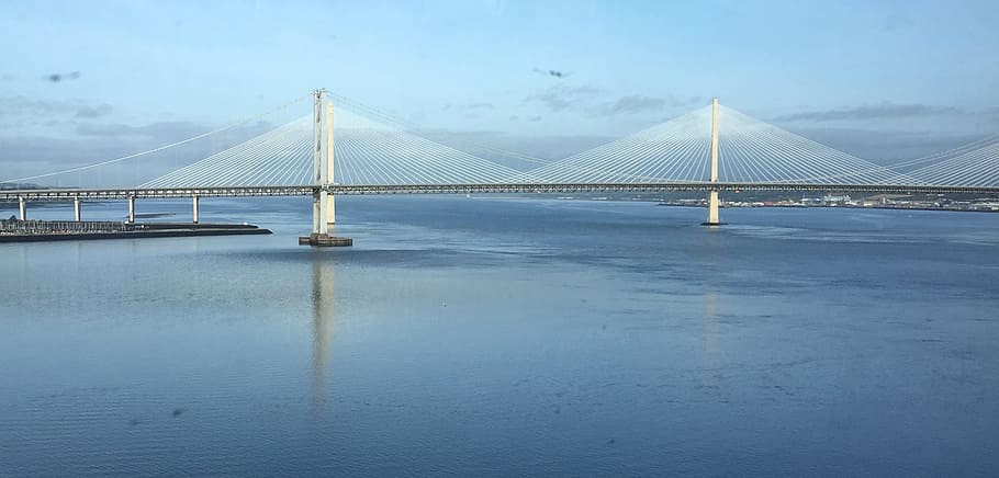 edinburgh, river, bridge, suspension, span, blue, sky, water HD wallpaper