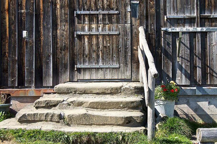 brown wooden door, hut, rest, allgäu, hike, planters, railing, HD wallpaper