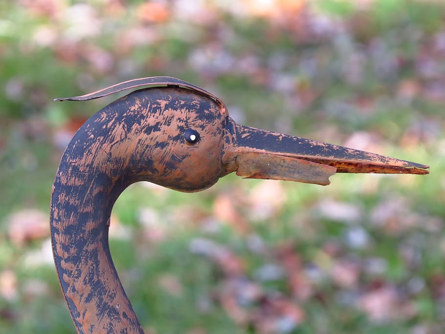 heron, copper, figure, bill, bird, focus on foreground, metal HD wallpaper