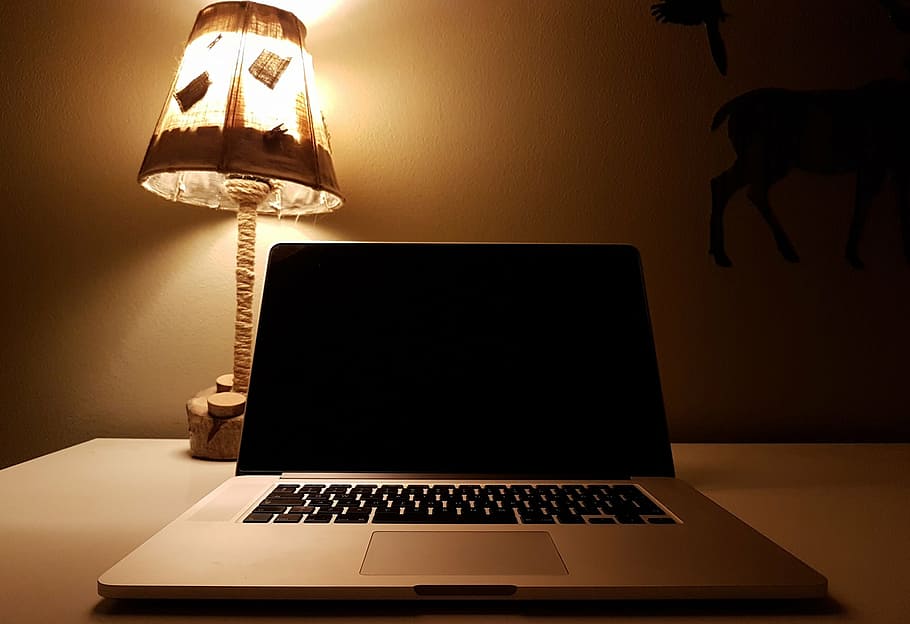 turned off laptop on gray desk, macbook, pro, beside, table HD wallpaper