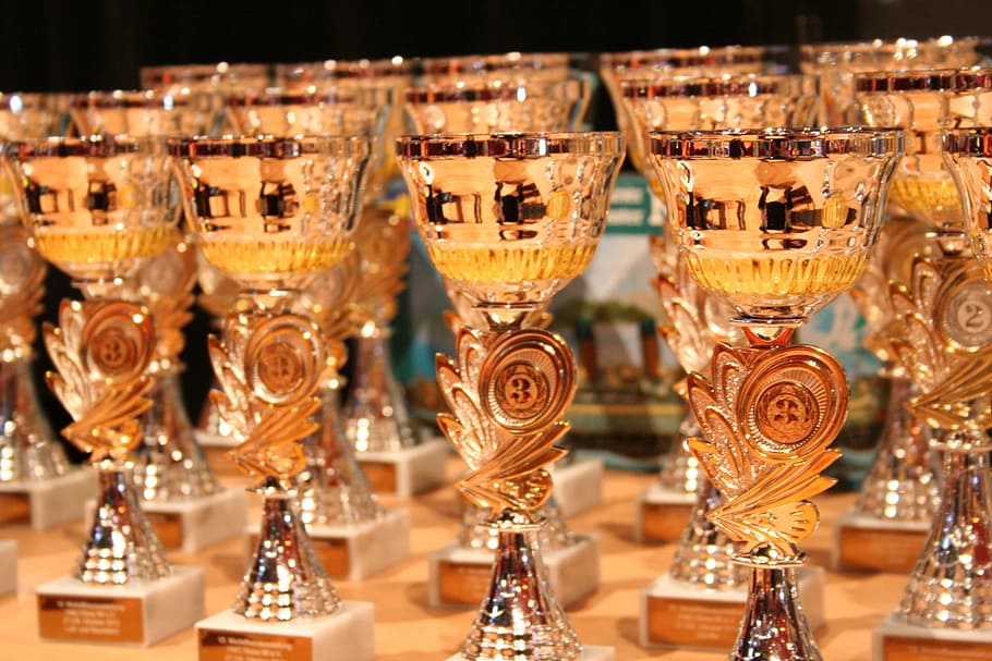silver-and-gold-colored chalices close-up photo, cup, winner HD wallpaper