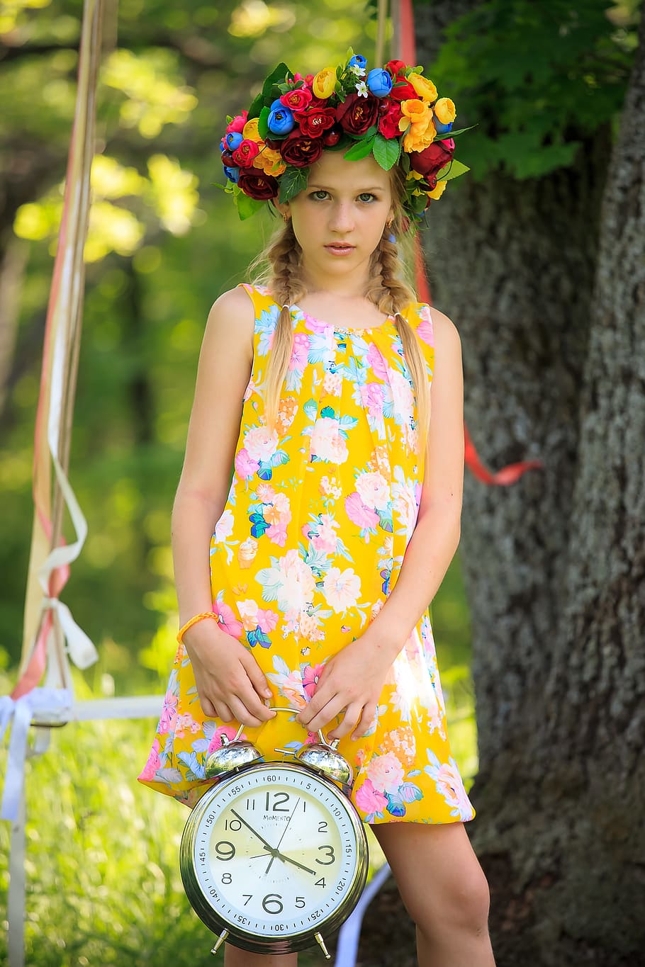 women's yellow and white floral sleeveless dress, summer, sunny day HD wallpaper