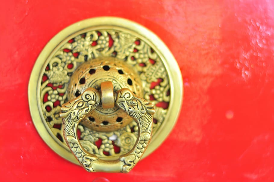 tibet, door handle, monastery, door Knocker, doorknob, red HD wallpaper