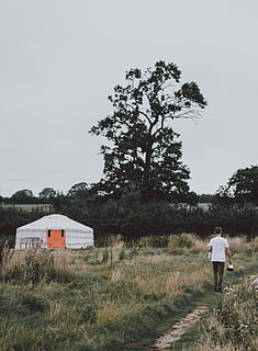 Camping at Somerset Yurts, man walking on pathway, tent, male HD wallpaper
