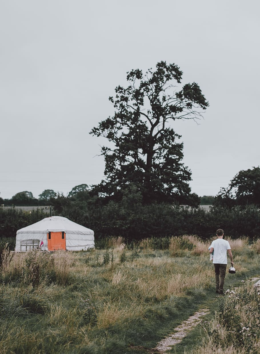 Camping at Somerset Yurts, man walking on pathway, tent, male HD wallpaper
