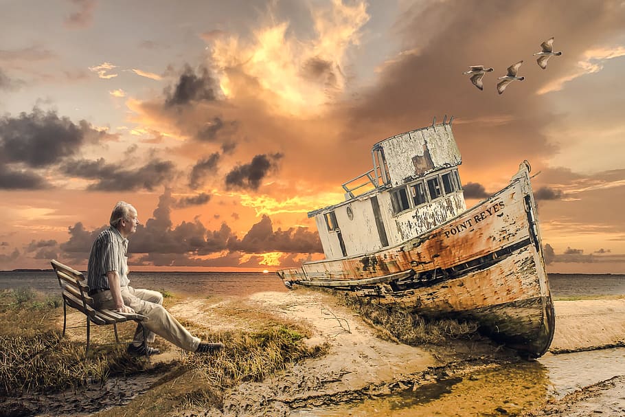 man sitting in front of gray boat painting, old boat, old man, HD wallpaper