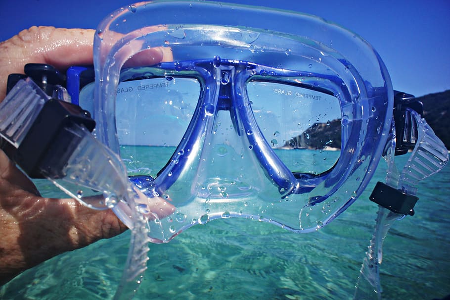 person holding blue goggles, beach, sea, water, snorkel, holiday HD wallpaper