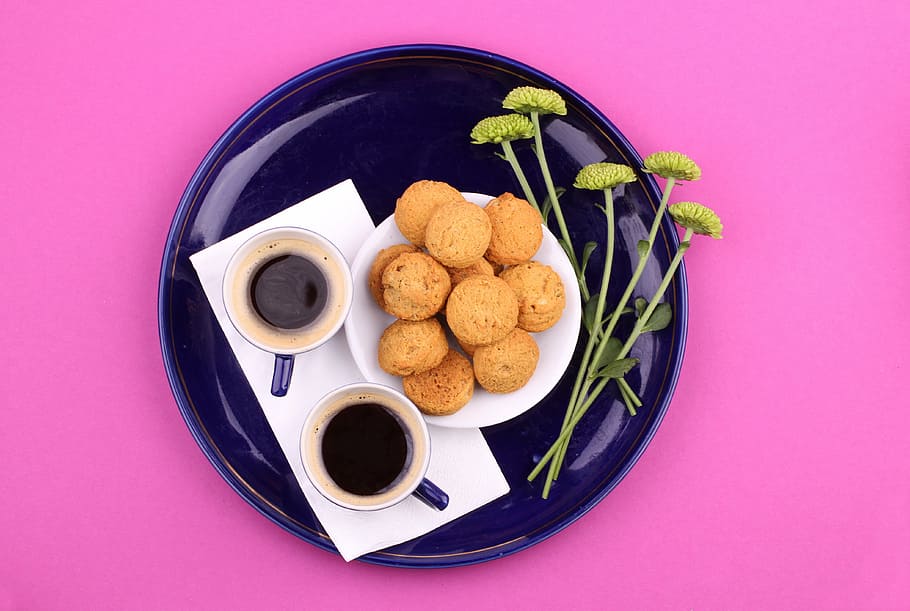 baked cookies on saucer beside two cups, food, coffe, breakfast HD wallpaper