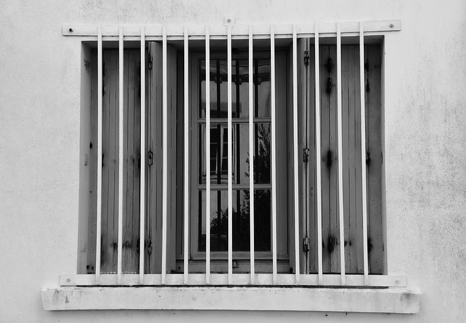 Window, Bars, House, Facade, Reflections, black and white, security HD wallpaper