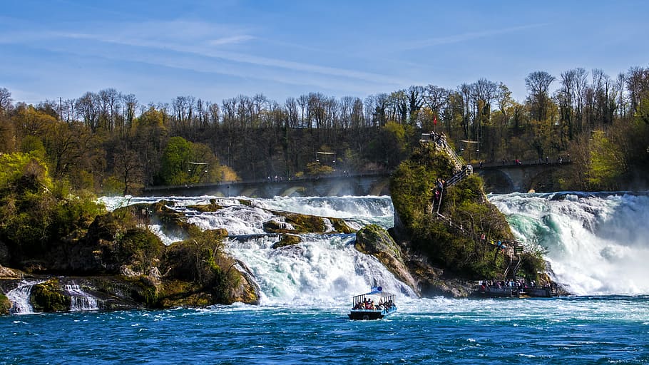 river surrounded by trees during daytime, rhine falls, waterfall