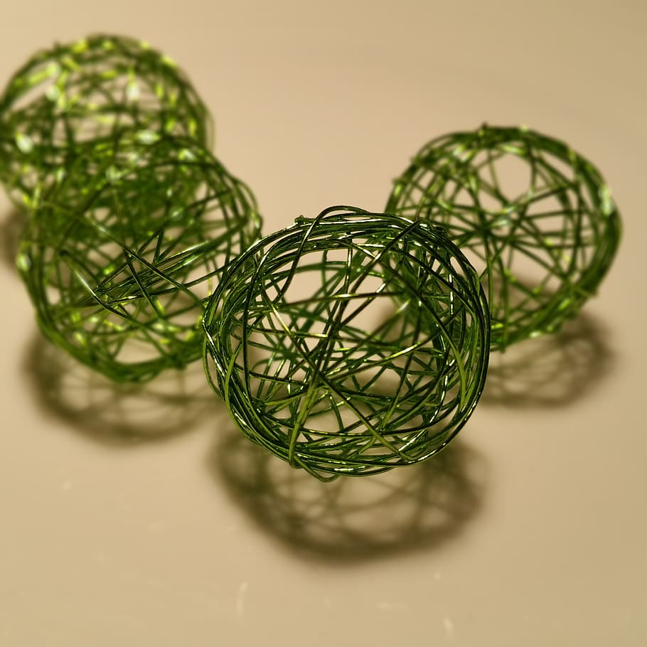 decoration, ball, wire, background, green, metallic, indoors HD wallpaper