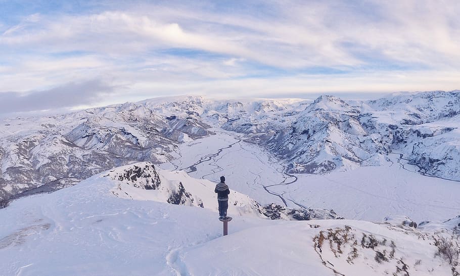 person standing on mountain filled with snow, winter, nature HD wallpaper