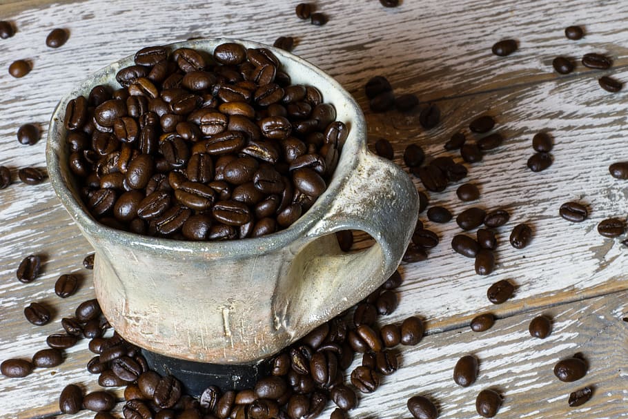 coffee, mug, coffee mug, cup, spill, coffee beans, coffee shop HD wallpaper