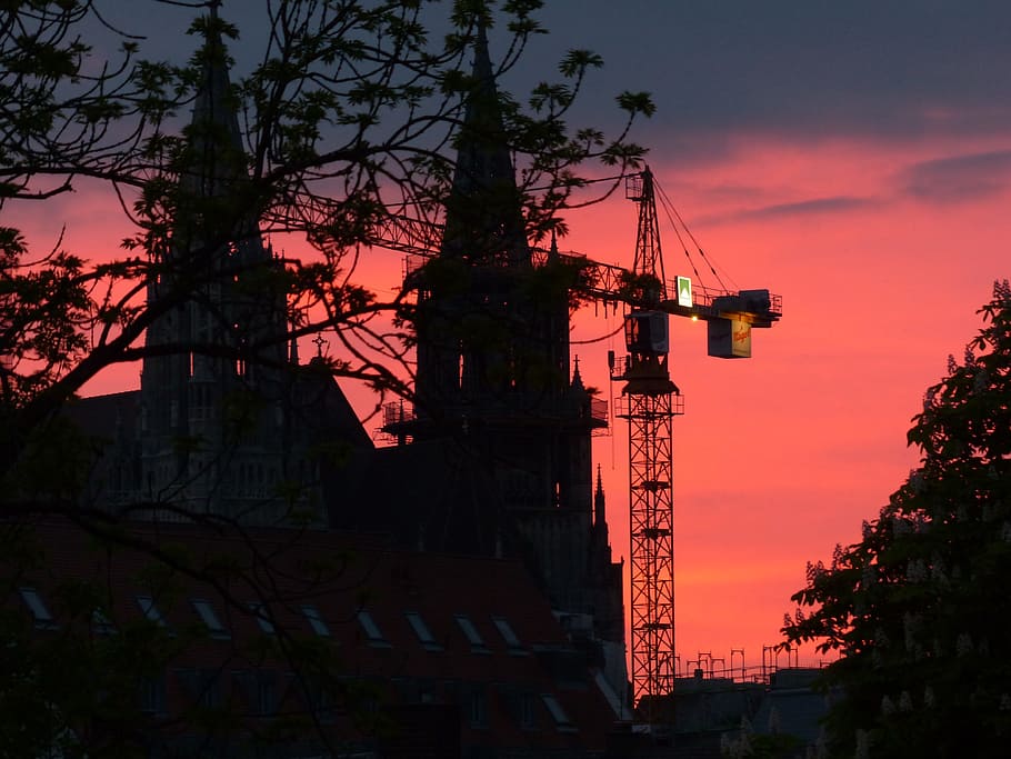 Crane, Sunset, baukran, site, red, construction work, sky, build HD wallpaper