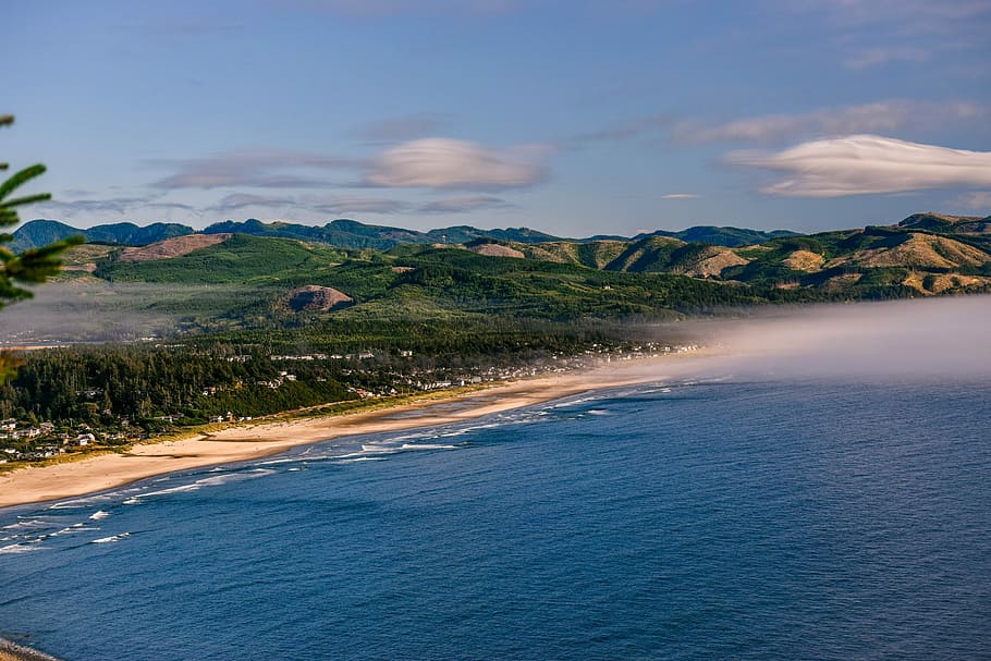 landscape photo of coastline, beach, lanscape, hill, cloud, forest, coastal HD wallpaper