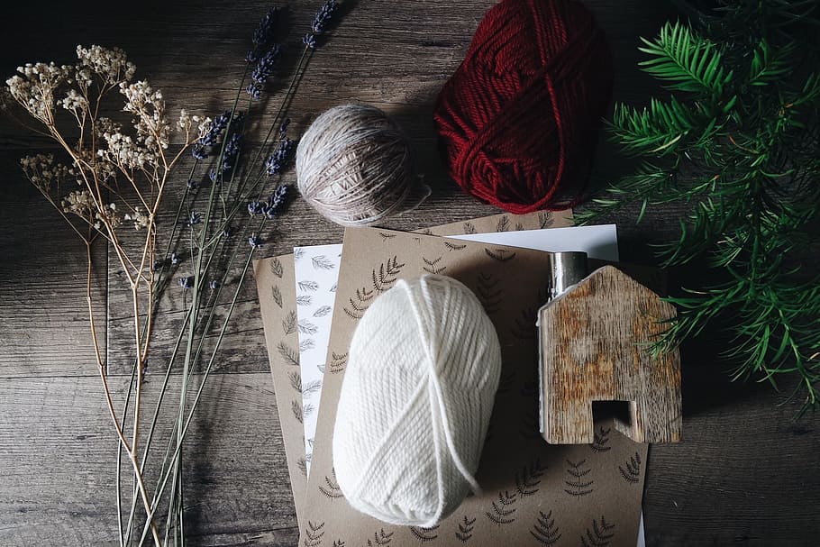 yarn and leaves flat lay photography, art, flowers, papers HD wallpaper