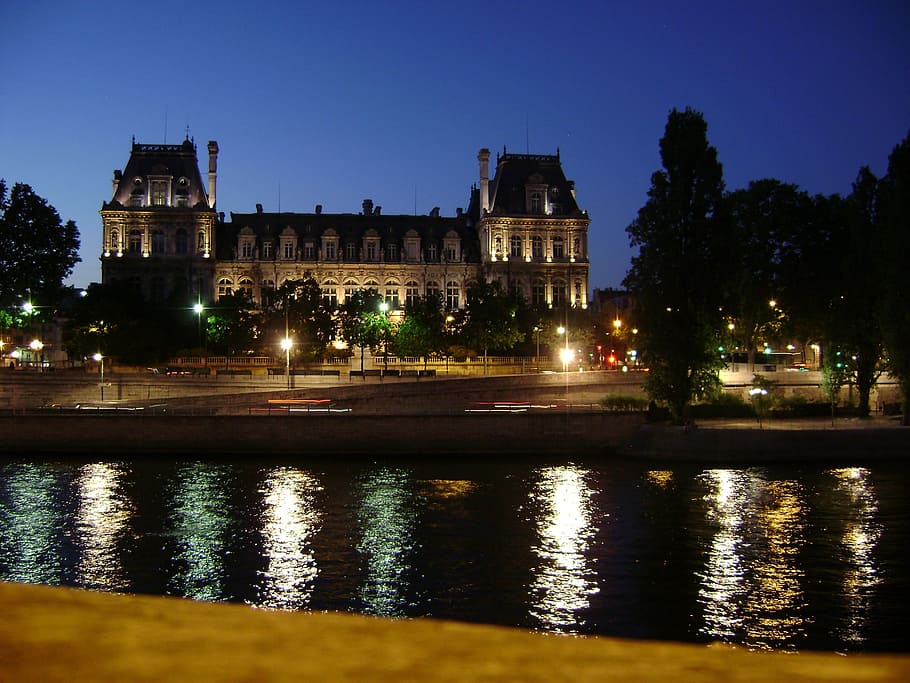 river, lights, building, paris, night, reflection, water, sky HD wallpaper