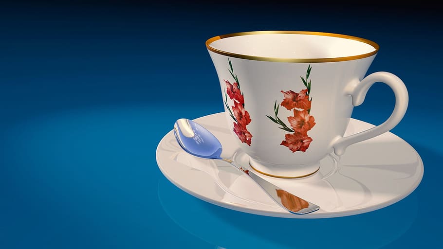 tea cup, teaspoon, saucer, 3d model, drink, mug, blue, food and drink HD wallpaper