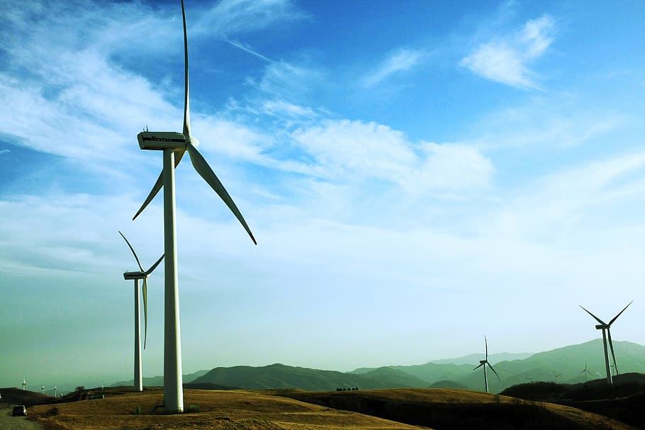 landscape photography of wind turbines, wind power generator HD wallpaper
