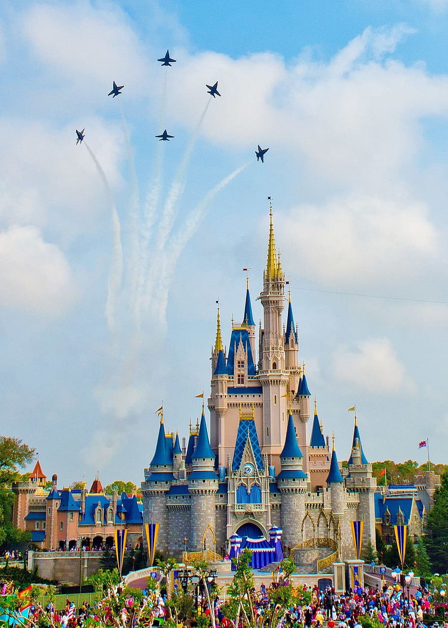 Disneyland castle, blue angels, navy, precision, planes, performance