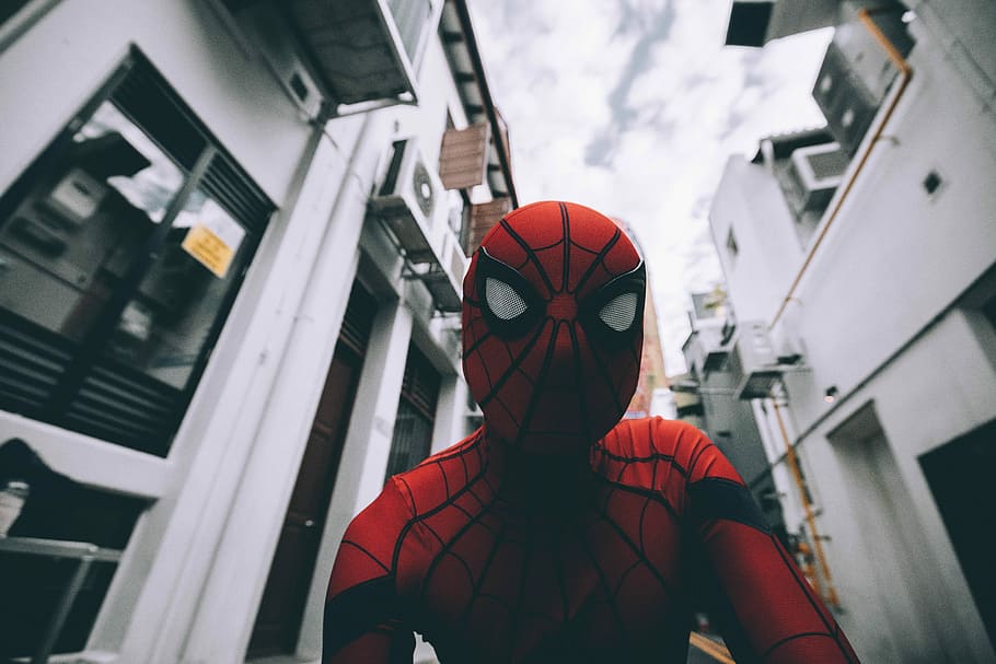 Spider-Man standing in the middle of buildings, Spider-Man near on buildings