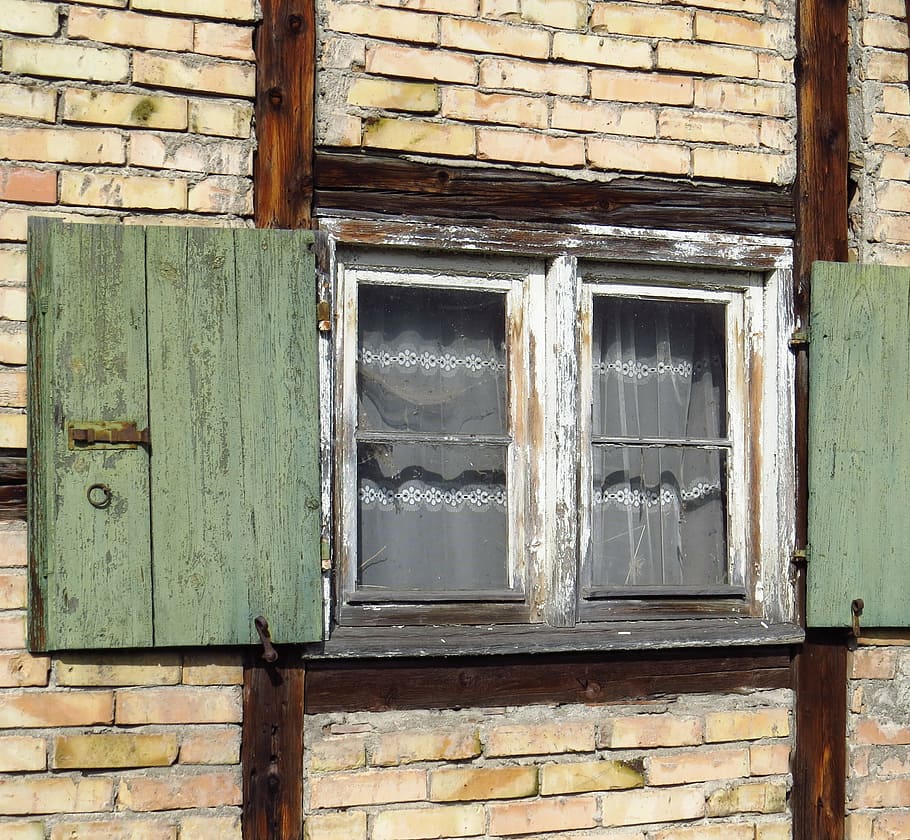 window, shutter, old, nostalgia, shabby, brick, home, farmhouse HD wallpaper
